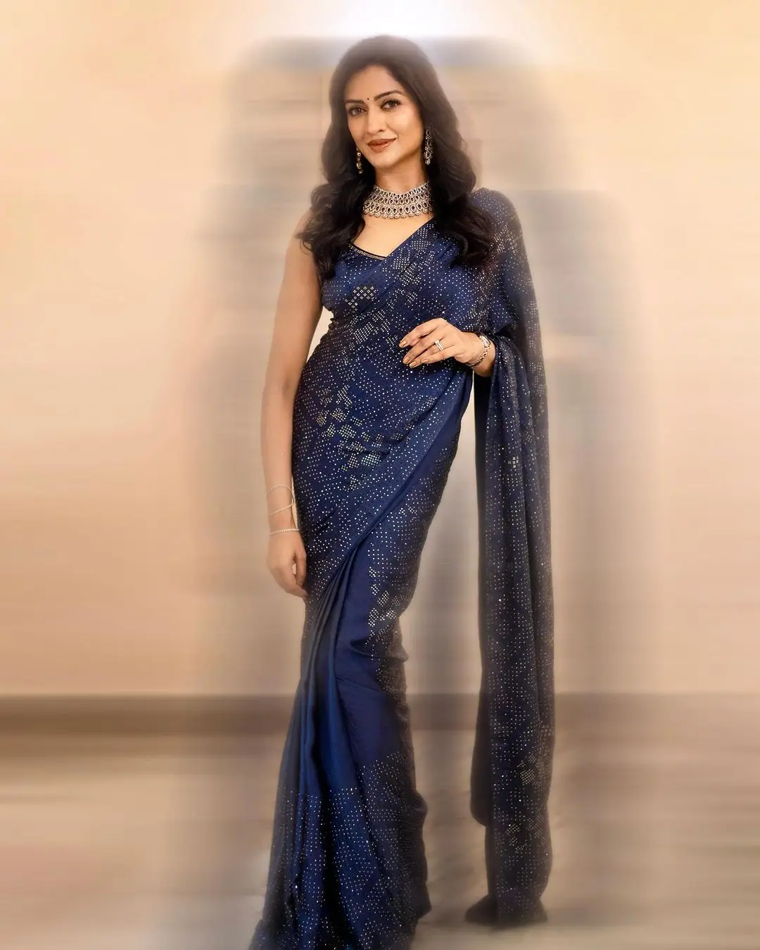 Tamil Girl Vimala Raman Wearing Blue Designer Saree Blouse